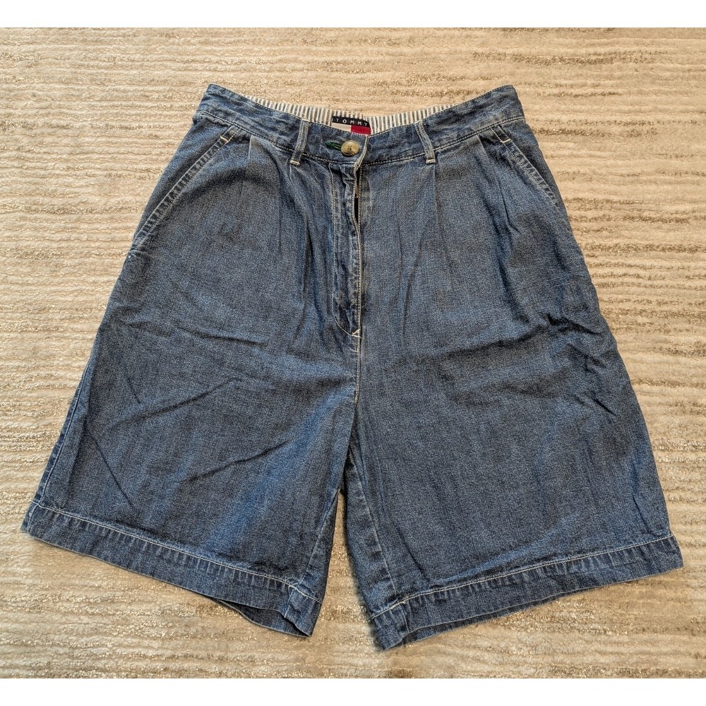 Vtg Y2K Tommy Hilfiger Denim Jean Shorts Womens Sz 4 Bermuda Logo High Waist Mom